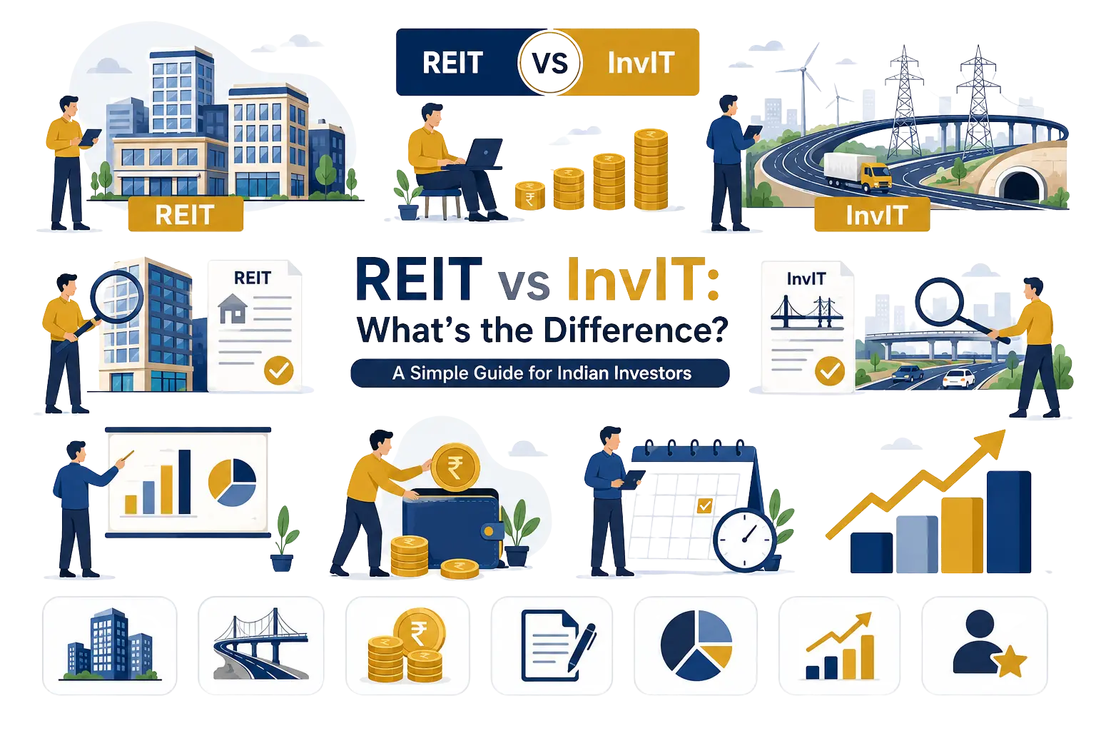 Illustration comparing REIT vs InvIT investment options for Indian investors