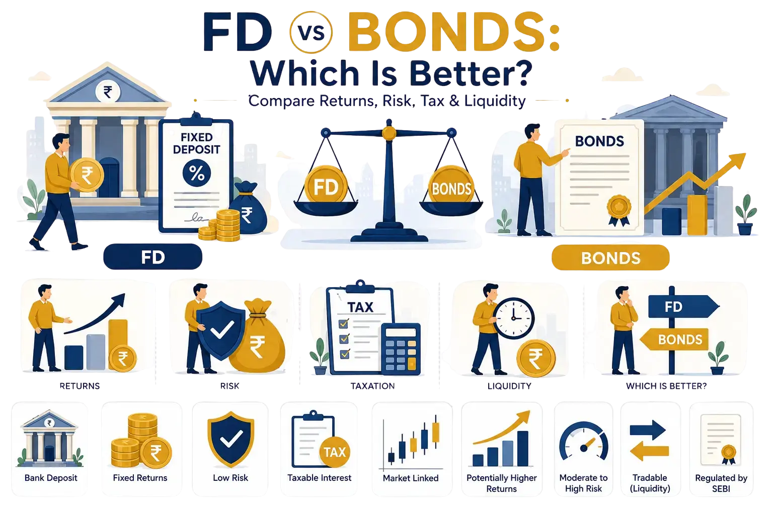 Comparison chart showing FD vs Bonds for Indian investors covering returns, risk and tax