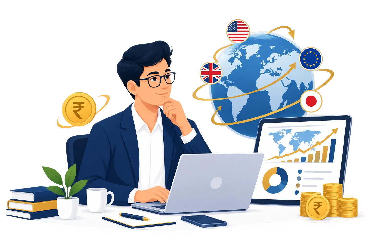 Indian investor exploring international investment opportunities using a laptop, with a global market dashboard, world map, financial charts, and Indian rupee symbols.
