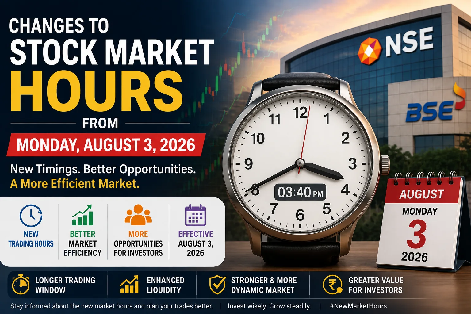 Illustration of new stock market trading hours effective Monday, August 3, 2026, featuring a clock showing 3:40 PM with NSE and BSE buildings, highlighting changes to Indian stock market timings.