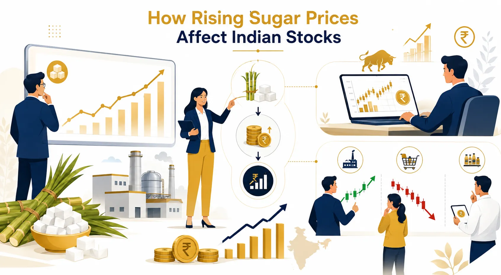 Chart illustrating how rising sugar prices affect Indian stocks and sugar company shares